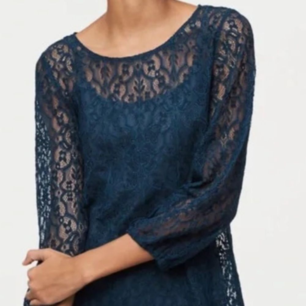 Loft Lace Navy 3/4 Sleeve Sheer Overlay Top Size Small